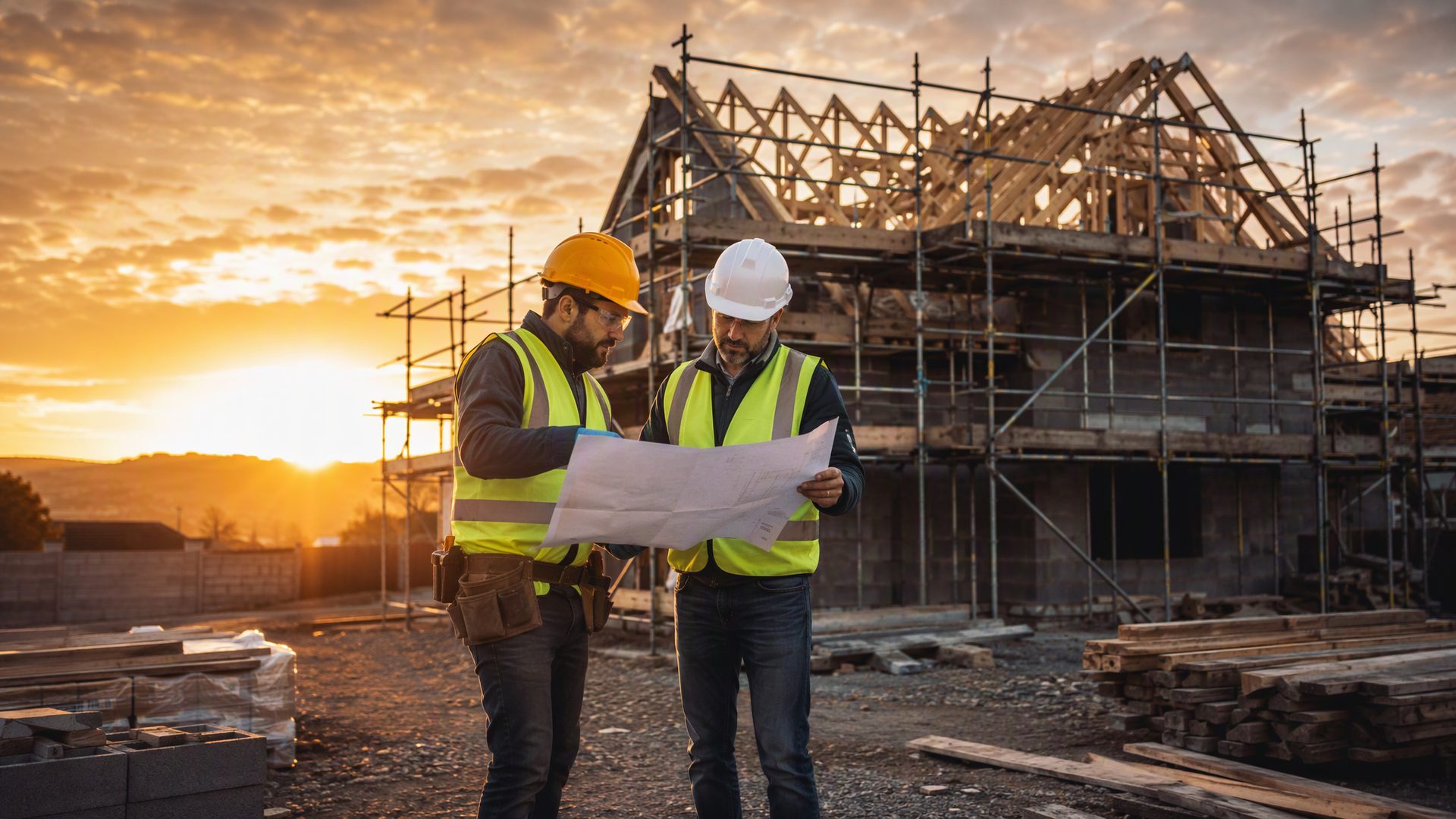Hardline Builders crew reviewing plans on a residential construction site at golden hour