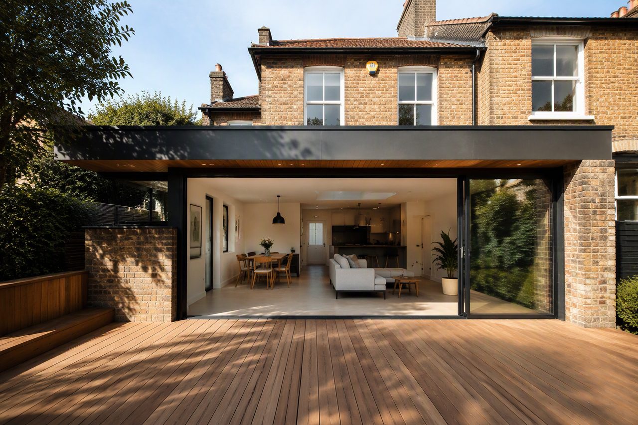 Modern rear house extension with sliding glass doors