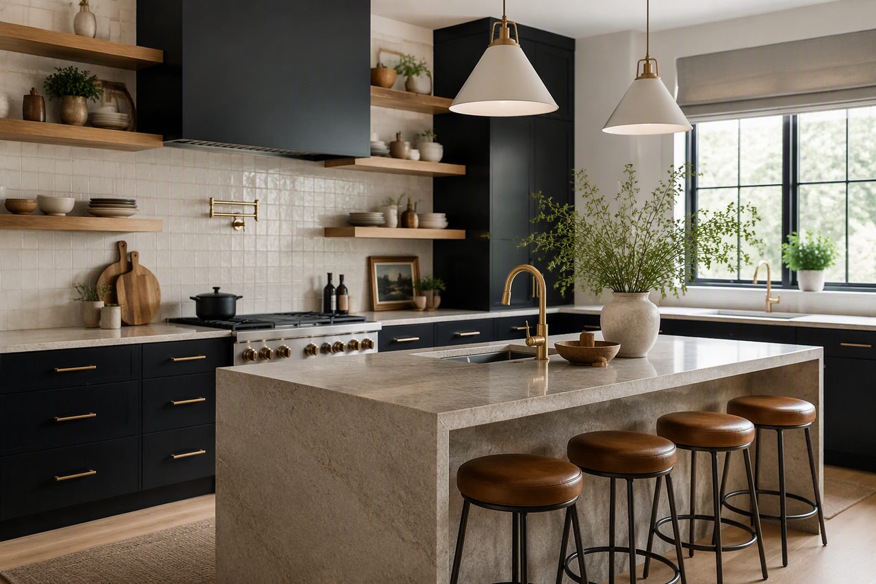 Renovated kitchen with matte black cabinetry and stone island