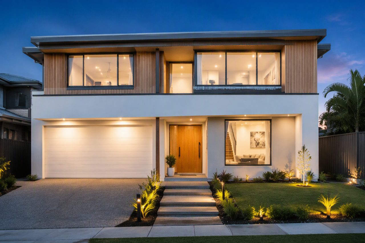 Completed two-story new-build family home at dusk